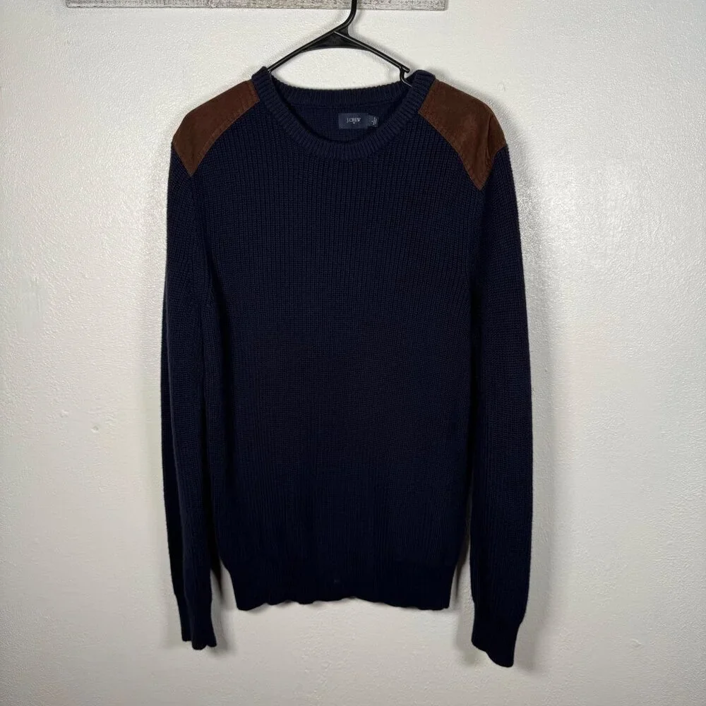 J.Crew Sweater Men's Large Suede Shoulder Patch Blue Woodsman Military Knit